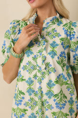 Fresh Fields Ivory Multi Cotton Floral Print Ruffle Neck Maxi Dress