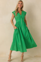 The Adeline Green Zip Up Midi Dress