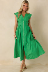 The Adeline Green Zip Up Midi Dress
