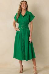 Right Where You’re Meant to Be Green Belted Button Front Midi Dress
