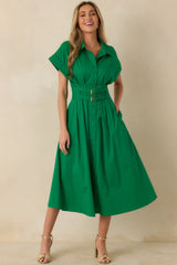 Right Where You’re Meant to Be Green Belted Button Front Midi Dress