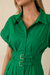 Right Where You’re Meant to Be Green Belted Button Front Midi Dress