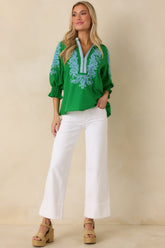 Simple Joys Green Embroidered V-Neck Puff Sleeve Top