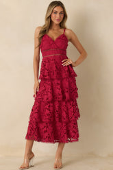Got My Attention Red Floral Guipure Lace Tiered Maxi Dress