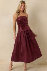Sips & Sparkles Wine Red Sequin Strapless Midi Dress