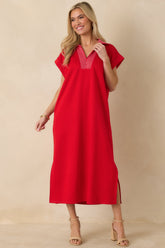 Let It Play Out Red Knit Contrast Detail V-Neck Short Sleeve Midi Dress