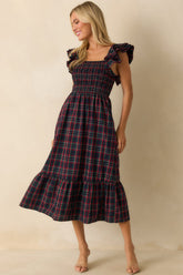 Always Good Cotton Navy Plaid Flutter Sleeve Midi Dress