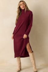 Toasty Thoughts Burgundy Red Knit Turtleneck Sweater Midi Dress