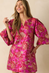 Gilded Garden Hot Pink Floral Jacquard Mini Dress