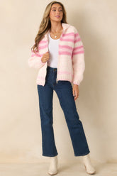 Looking Like Love Pink Multi Chunky Knit Stripe Zip Up Sweater Jacket