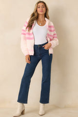 Looking Like Love Pink Multi Chunky Knit Stripe Zip Up Sweater Jacket
