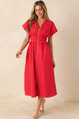 Let It Be Easy Cherry Red Smocked Waist Zip Maxi Dress