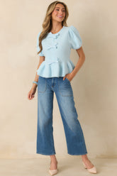 Soft Spoken Sweetness Light Blue Knit Bow Detail Peplum Top