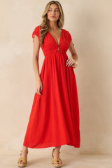 MINKPINK Scarlett Flame Red V-Neck Bead Detail Midi Dress