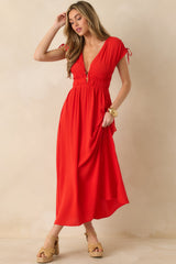 MINKPINK Scarlett Flame Red V-Neck Bead Detail Midi Dress
