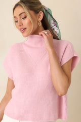 Cool Intentions Light Pink Ribbed Knit Mockneck Cap Sleeve Sweater