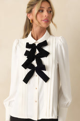 Prosperina Shelby White Bow Front Button Up Top