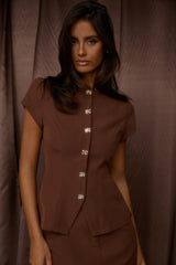 Arlina Cap Sleeve Button Top Chocolate