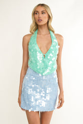 Sirenuse Backless Halter Top Sequin Green