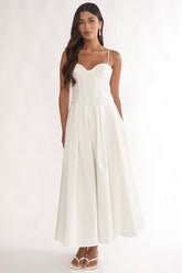 Kearsy Box Pleat Sweetheart Neckline Midi Dress White