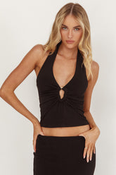 Somewhere New Gold Ring Halter Top Black