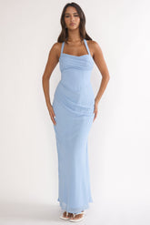 Rovelle Halterneck Pleat Waist Maxi Dress Sky Blue
