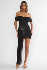 Dahlisse Off-Shoulder Sash Mini Dress Black