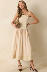 You Already Know Beige Cotton Bustier Bodice Sleeveless Midi Dress