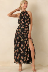 All This Charm Black Multi Floral Pattern Gathered Chiffon Halter Maxi Dress