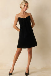 Tie It Together Black Velvet Draped Tie Panel Strapless Mini Dress