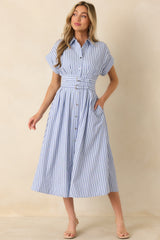 What’s to Come Blue Stripe Belted Button Front Midi Dress