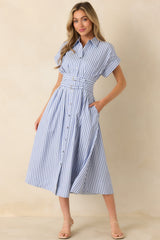 What’s to Come Blue Stripe Belted Button Front Midi Dress