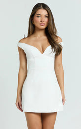 Irene Mini Dress Off Shoulder Bustier Tulip Skirt Dress in White