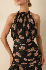 All This Charm Black Multi Floral Pattern Gathered Chiffon Halter Maxi Dress