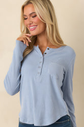 Meant For Today Sky Blue Ribbed Knit Long Sleeve Henley Top