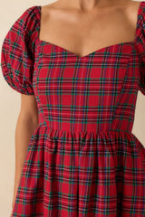 Always You Cotton Red Plaid Puff Sleeve Midi Dress