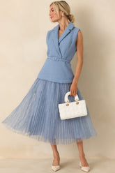 Caught You Smiling Cornflower Blue Textured Woven Belted Lace Midi Dress