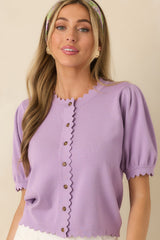 Simply So Cute Lavender Knit Scalloped Edge Puff Sleeve Button Up Cardigan