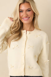 Little Love Notes Ivory Knit Bow Detail Button Front Cardigan Sweater