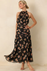 All This Charm Black Multi Floral Pattern Gathered Chiffon Halter Maxi Dress