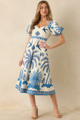 Aylaya Godthab Vibrant Blue & Ivory Cotton Tropical Print Midi Dress