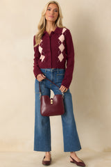 Nothing But Lovely Burgundy Argyle Collared Button Up Cardigan Sweater