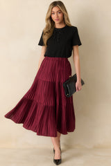 This Feels Right Burgundy Tiered Pleated Midi Skirt
