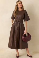 Something to Behold Brown Faux Leather Short Sleeve Belted Midi Dress