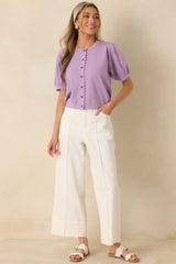 Simply So Cute Lavender Knit Scalloped Edge Puff Sleeve Button Up Cardigan