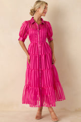 Fiercely Yours Fuchsia Pink Sheer Stripe Tiered Button Up Maxi Dress
