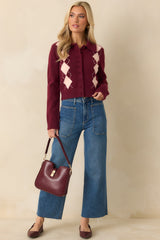 Nothing But Lovely Burgundy Argyle Collared Button Up Cardigan Sweater