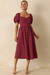 Always You Cotton Red Plaid Puff Sleeve Midi Dress