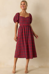 Always You Cotton Red Plaid Puff Sleeve Midi Dress