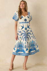 Aylaya Godthab Vibrant Blue & Ivory Cotton Tropical Print Midi Dress